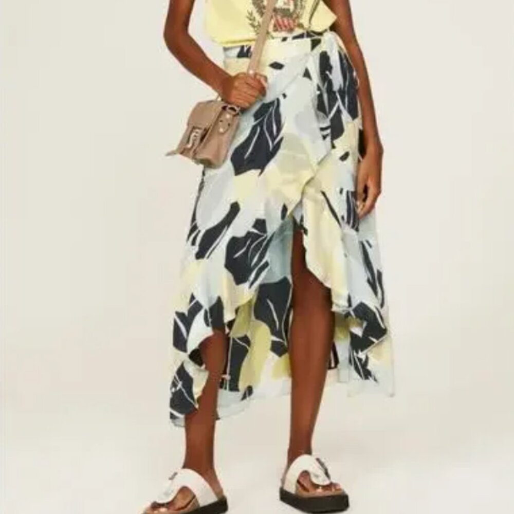 The Kooples Tropical Floral Print Viscose Ruffled Hi-Low Midi Wrap Skirt Size 3